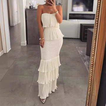 Strapless Off Shoulder Ruffle Hem Maxi Dress