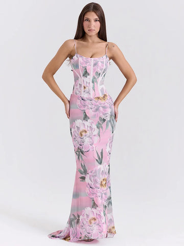 Pink Floral Spaghetti Strap Maxi Dress for Women
