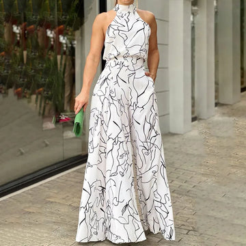 Elegant Abstract Print Wide Leg Jumpsuit for Women