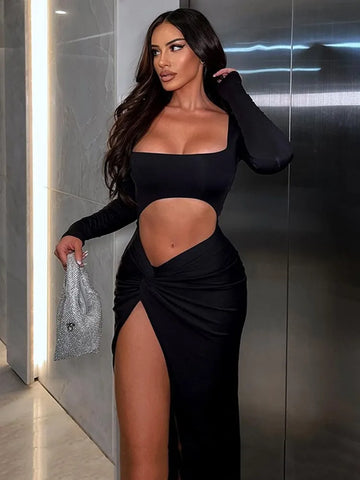 Y2K Summer Midriff Baring Elegant Long Sleeve Bodycon Dress