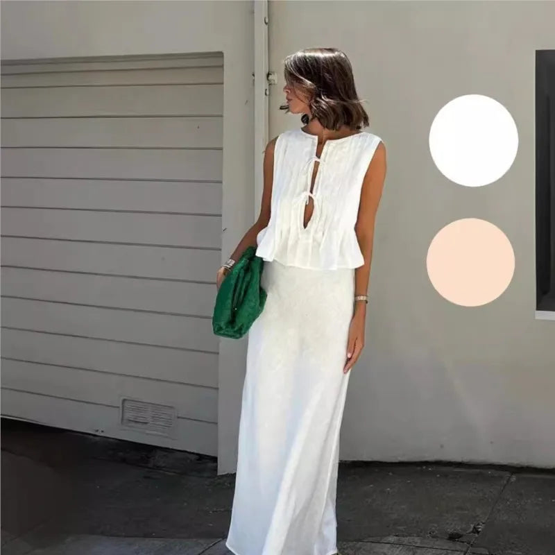 Chic Folded Ruffles Lace Up 2-Piece Set for Women