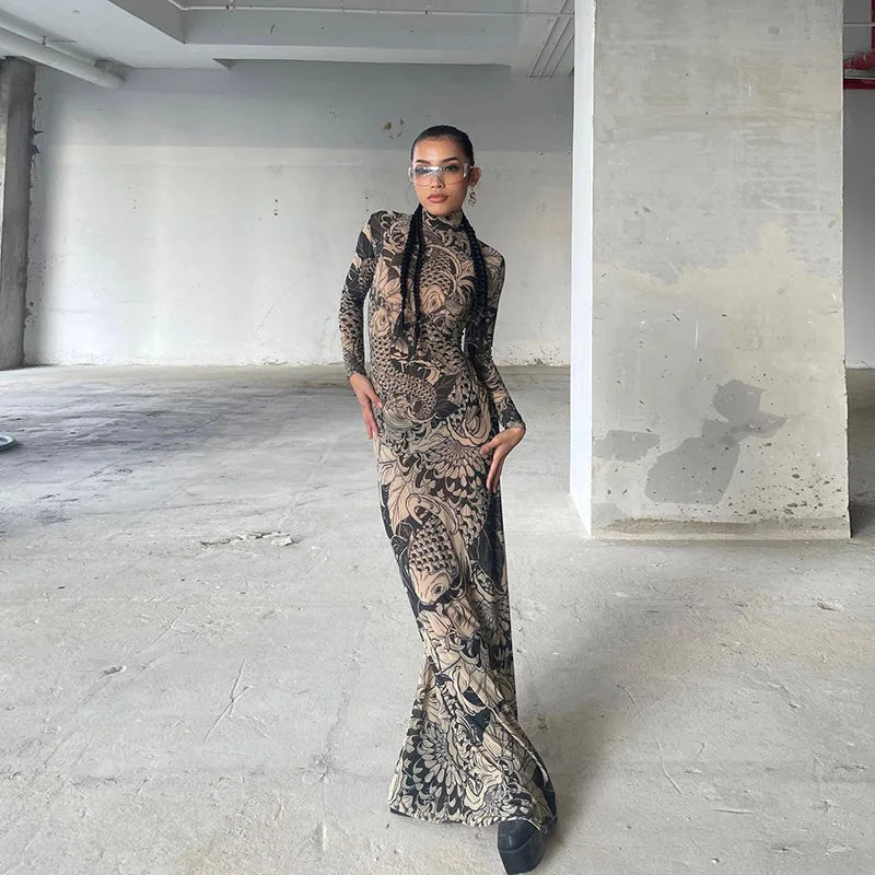 Vintage Print Maxi Dress - See Through Stand Neck Long Sleeve