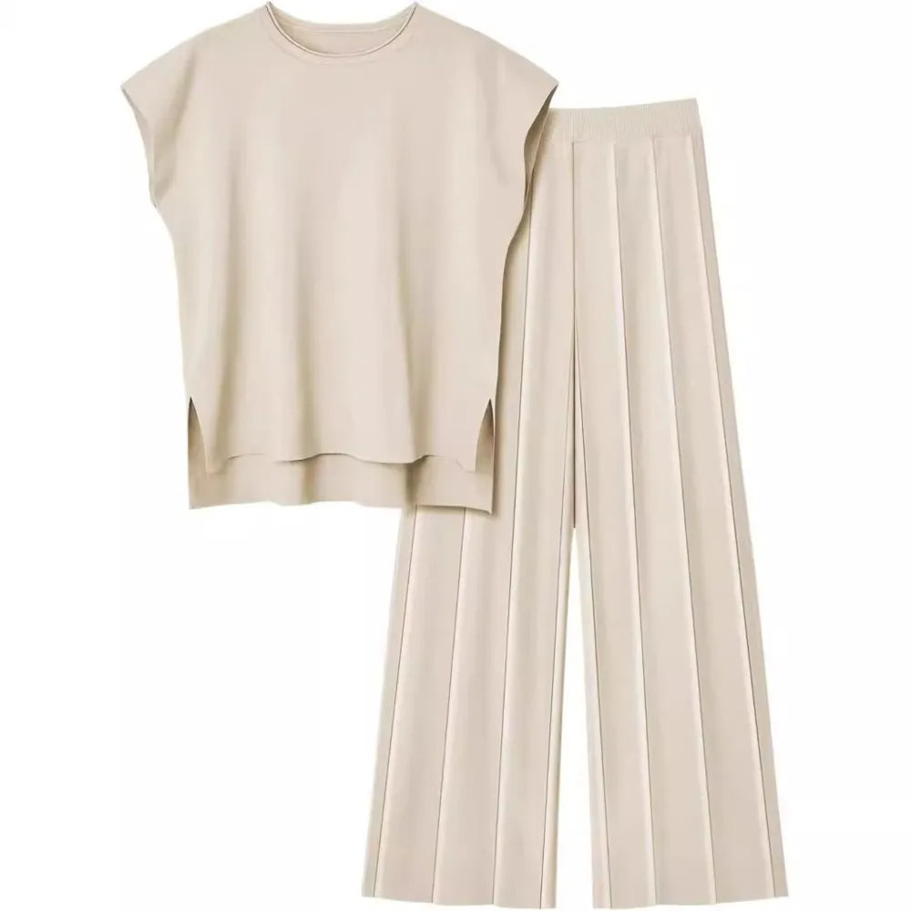 Stylish Sleeveless Tank Top & Wide-leg Pants Ice Silk Suit