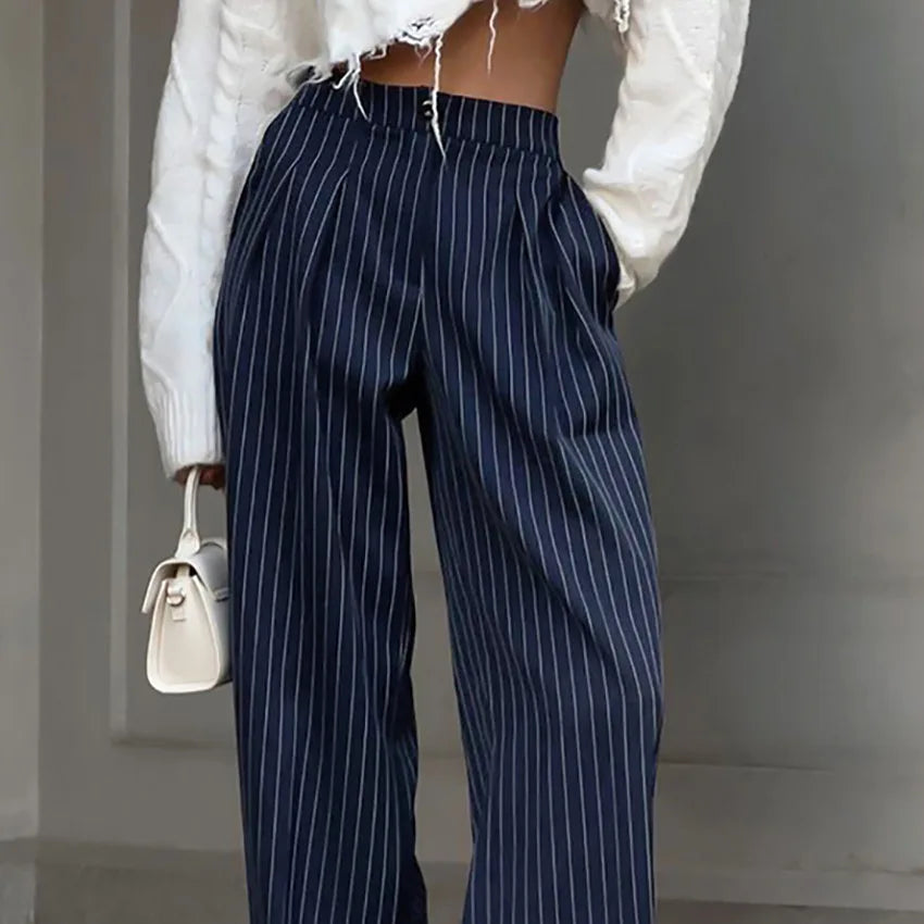 2024 Navy Blue Striped Wide Leg Pants for Women