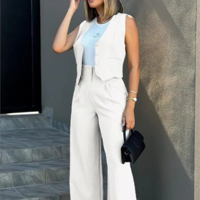 Elegant Women's 2-Piece Suit Set – Sleeveless Vest & Wide Leg Pants