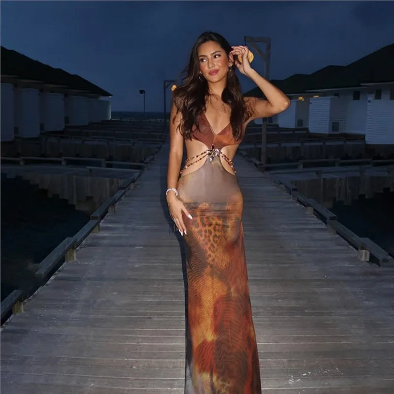 Leopard Print Deep V-Neck Maxi Dress for Women