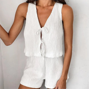 2024 Women’s White Pleated Vest and Shorts Set - Casual V Neck