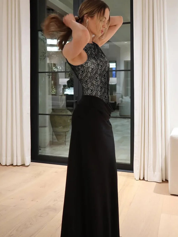 Elegant Black Patchwork Lace Maxi Dress for Women