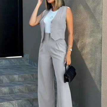 Elegant Women's 2-Piece Suit Set – Sleeveless Vest & Wide Leg Pants