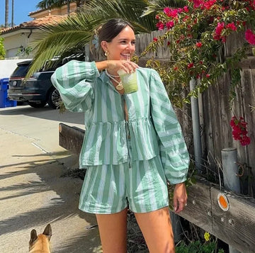 Chic Striped Lantern Sleeve Top & Shorts Set for Women