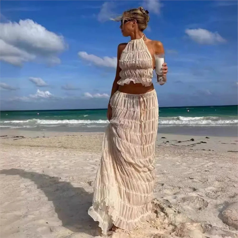 Solid Hang Neck Long Skirt Suit for Women