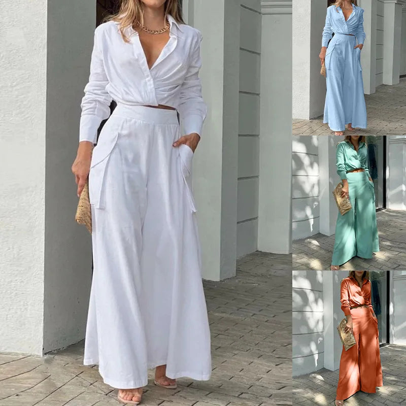 Women's Solid Lapel Shirt & Wide Leg Pant 2-Piece Set