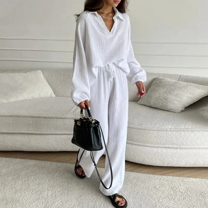 Loose Top Two Piece Set Women - White Long Sleeve & Wide Leg Pants