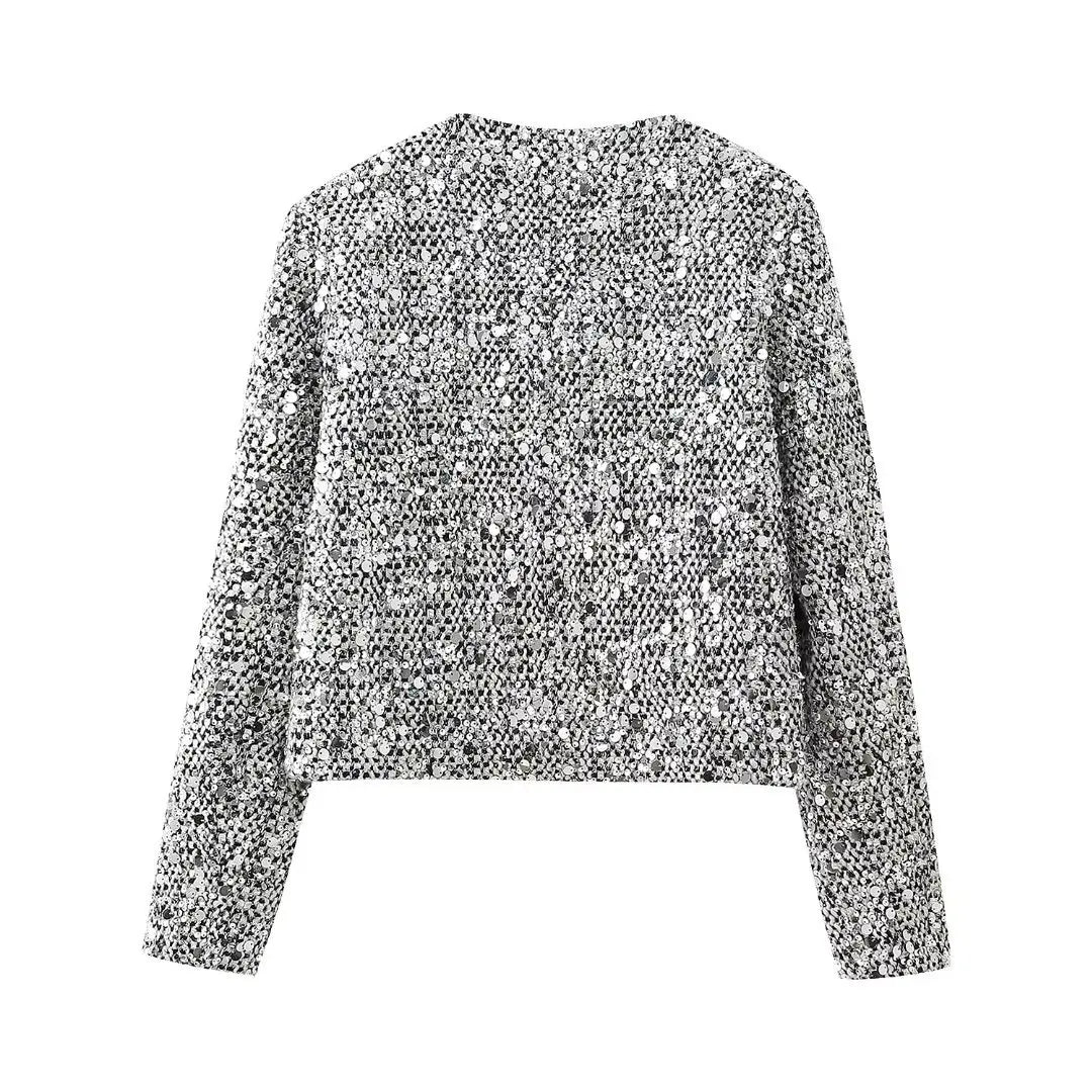 Elegant Silver Sequin O Neck Jacket for Women