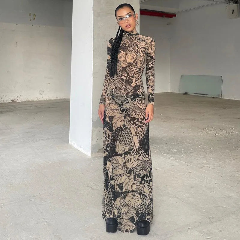 Vintage Print Maxi Dress - See Through Stand Neck Long Sleeve