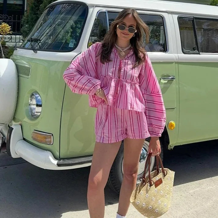 Chic Striped Lantern Sleeve Top & Shorts Set for Women