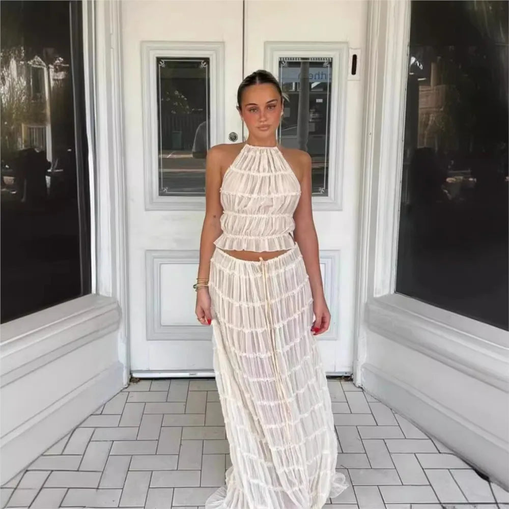 Solid Hang Neck Long Skirt Suit for Women