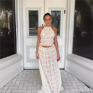 Solid Hang Neck Long Skirt Suit for Women