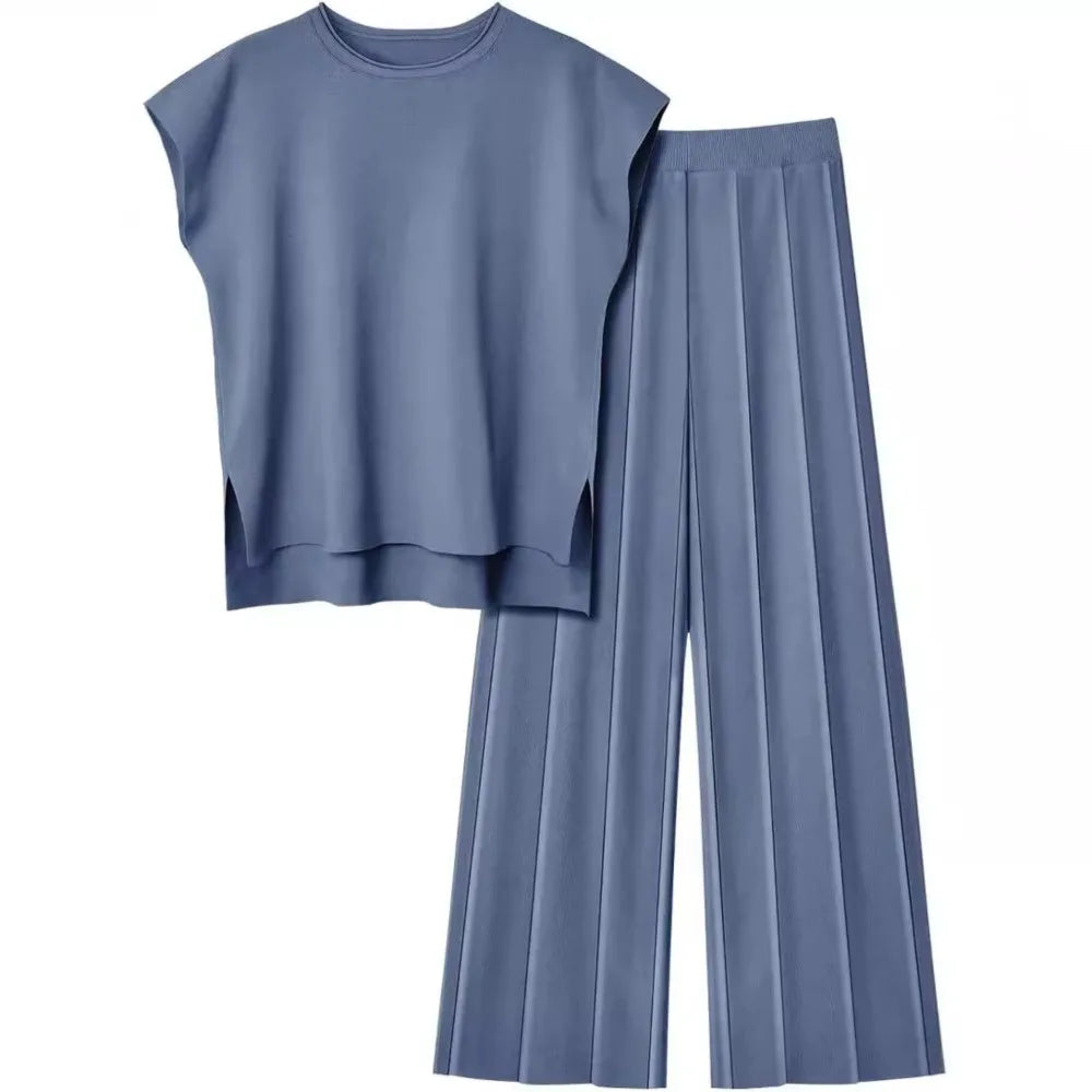 Stylish Sleeveless Tank Top & Wide-leg Pants Ice Silk Suit