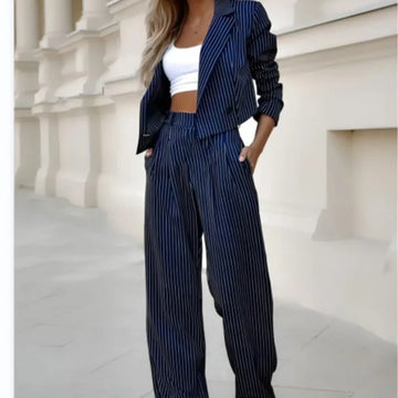 Women's Long Sleeve Striped Blazer & Straight Leg Pants Suit