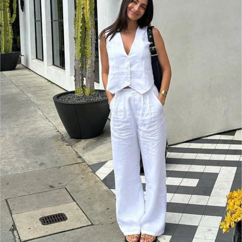 Summer White Linen Two Piece Set for Women 2024