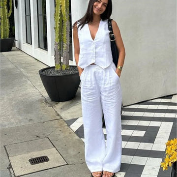 Summer White Linen Two Piece Set for Women 2024