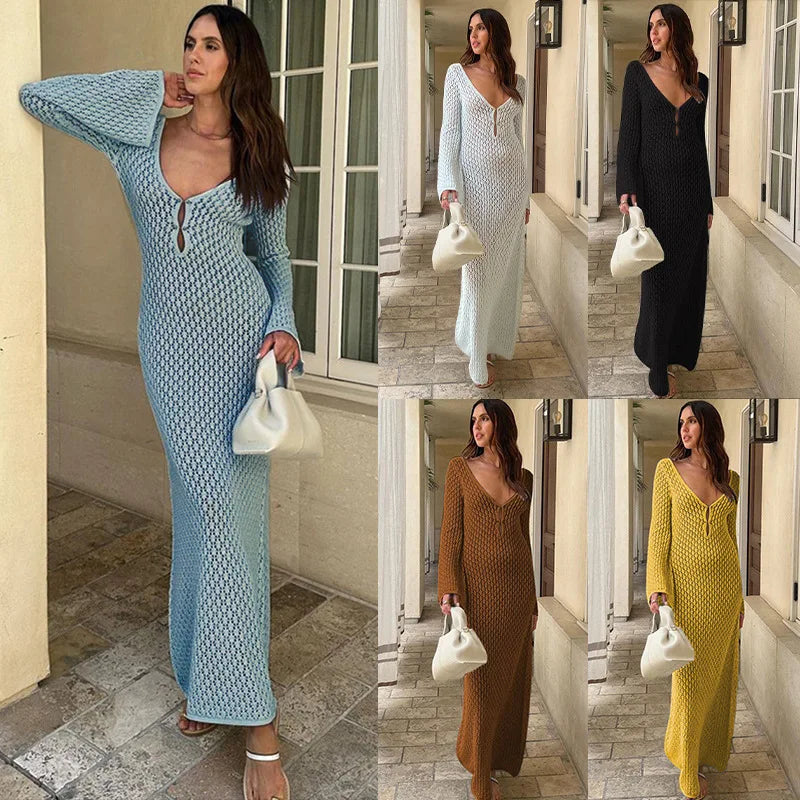 Women's Hollow Out Deep V-Neck Long Sleeve Knit Dress