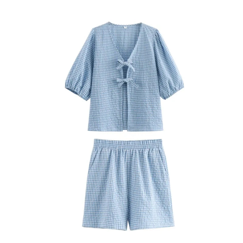 Summer Plaid Shorts Suit for Women - Casual 2 Piece Set