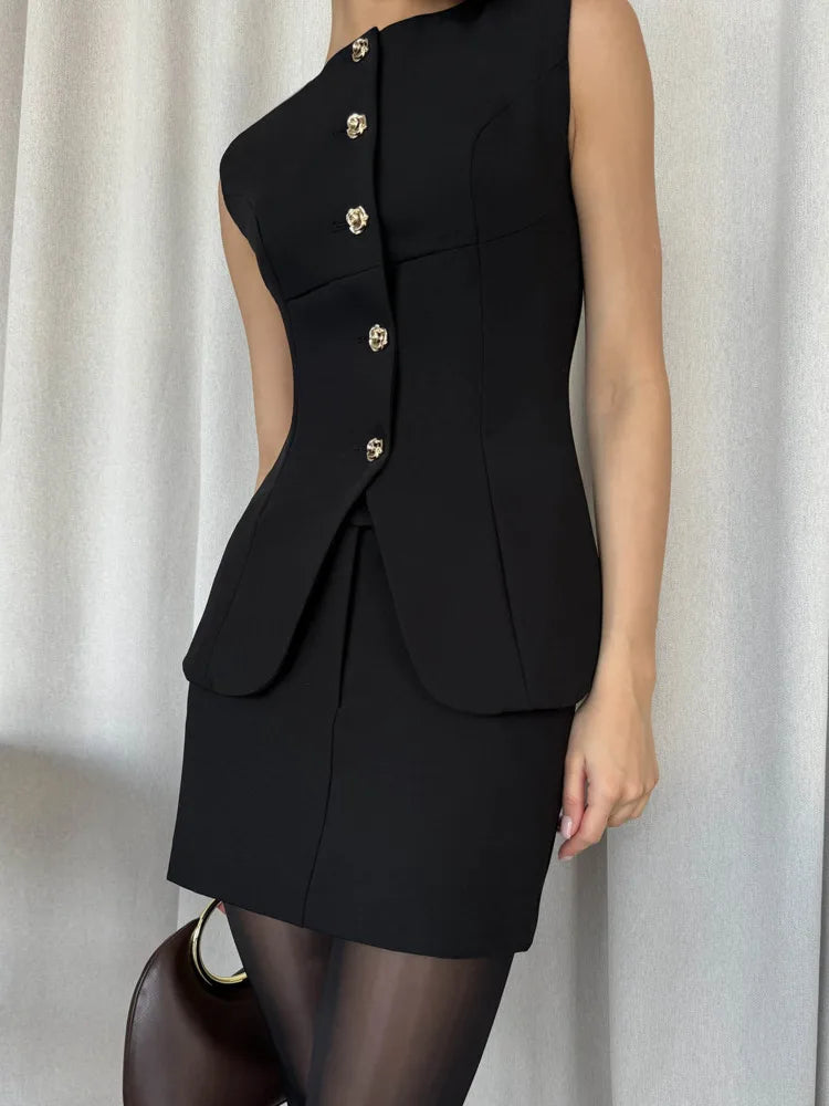 Elegant Women's Two Piece Skirt Set - O Neck Sleeveless Top