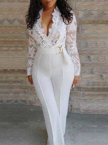 Elegant White Lace-Trimmed Long Sleeve Jumpsuit for Women
