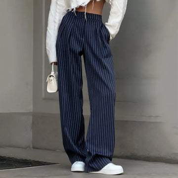2024 Navy Blue Striped Wide Leg Pants for Women