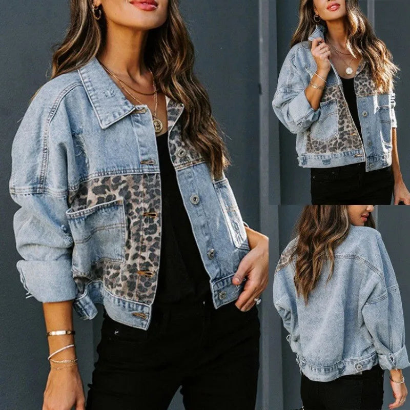 Leopard Stitching Denim Jacket for Women