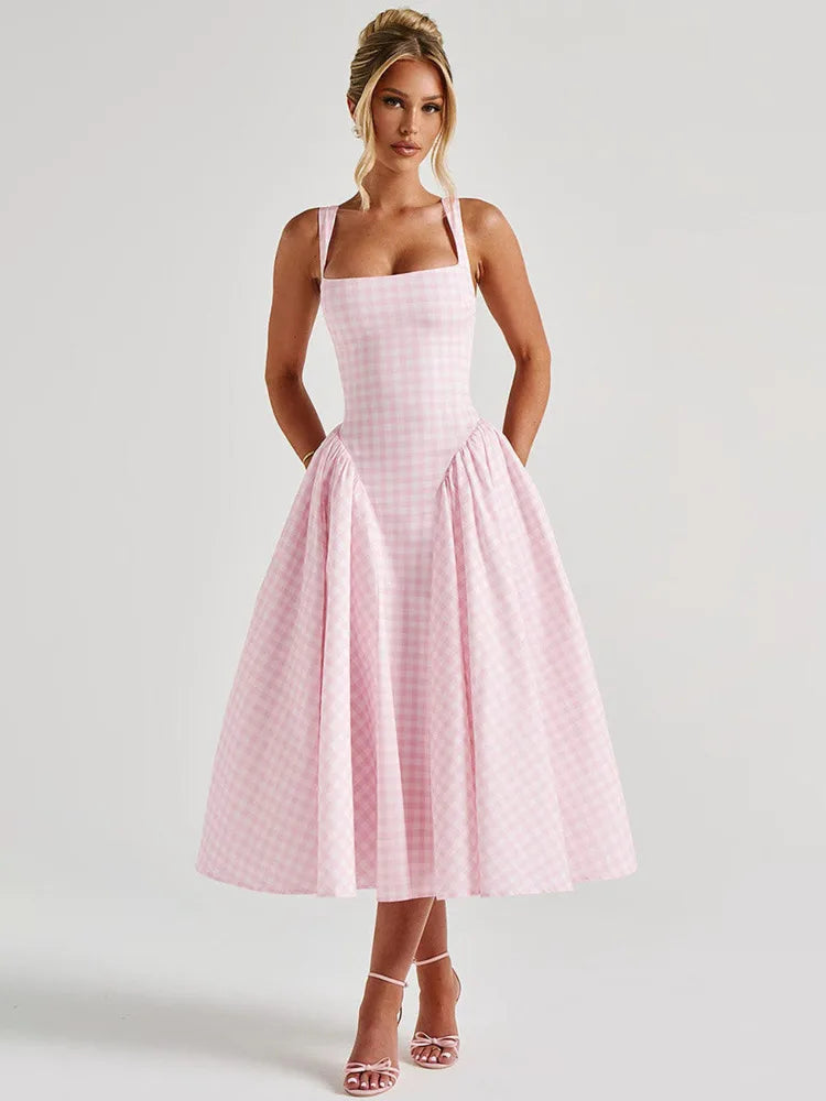 Plaid Printed Maxi Dress for Women - Summer Spaghetti Strap Gown
