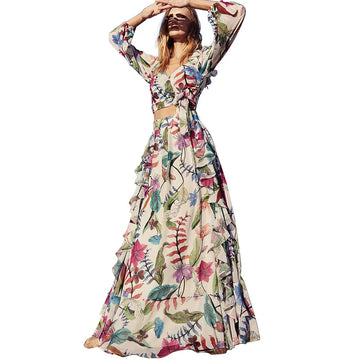 Women's 2 Piece Long Sleeve Skirt Set with V-Neck Crop Top