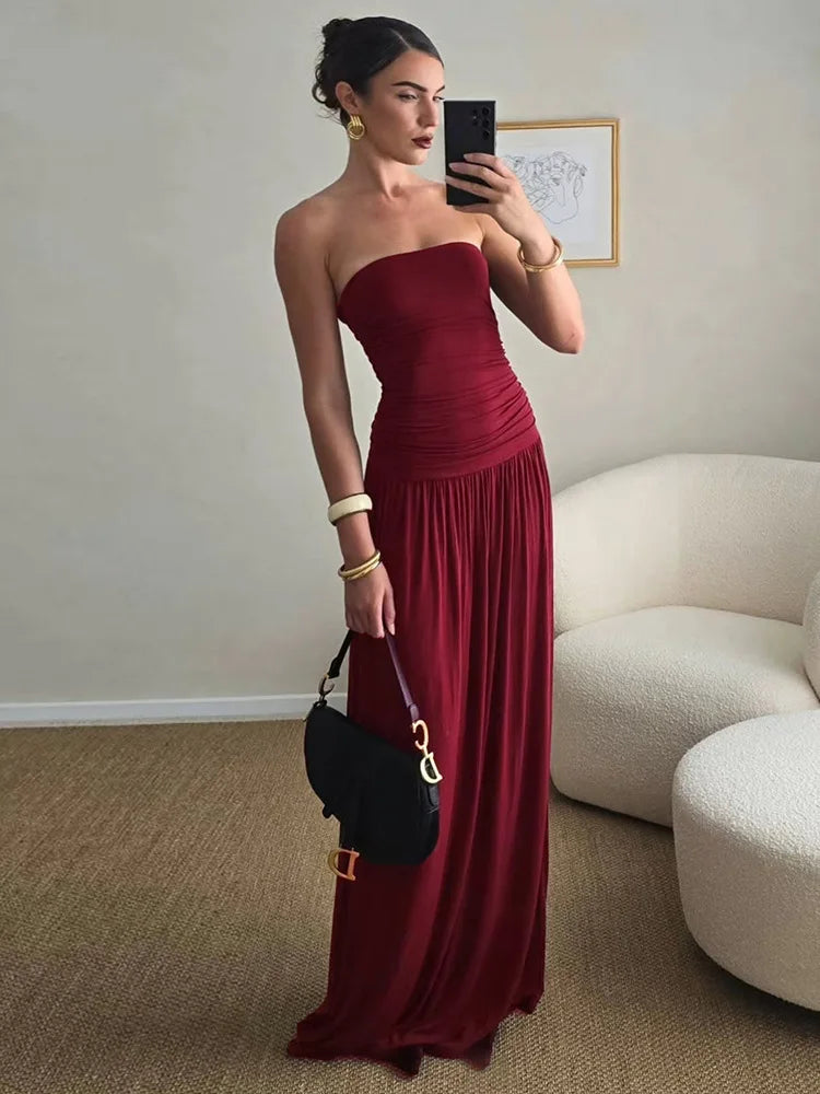 Off-Shoulder Strapless Pleated Maxi Dress for Women