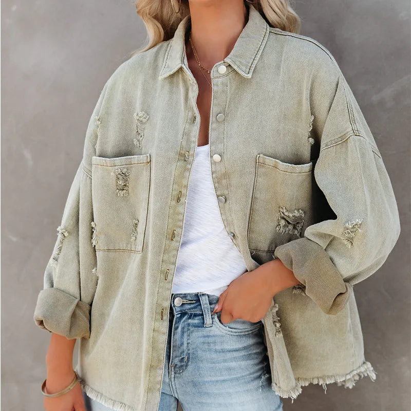 Women's Ripped Denim Jacket with Tassels