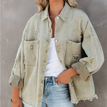 Women's Ripped Denim Jacket with Tassels