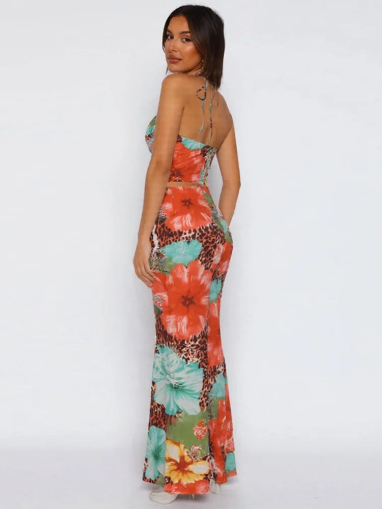 Leopard Print Sexy 2 Piece Set - Halter Crop Top & Maxi Skirt