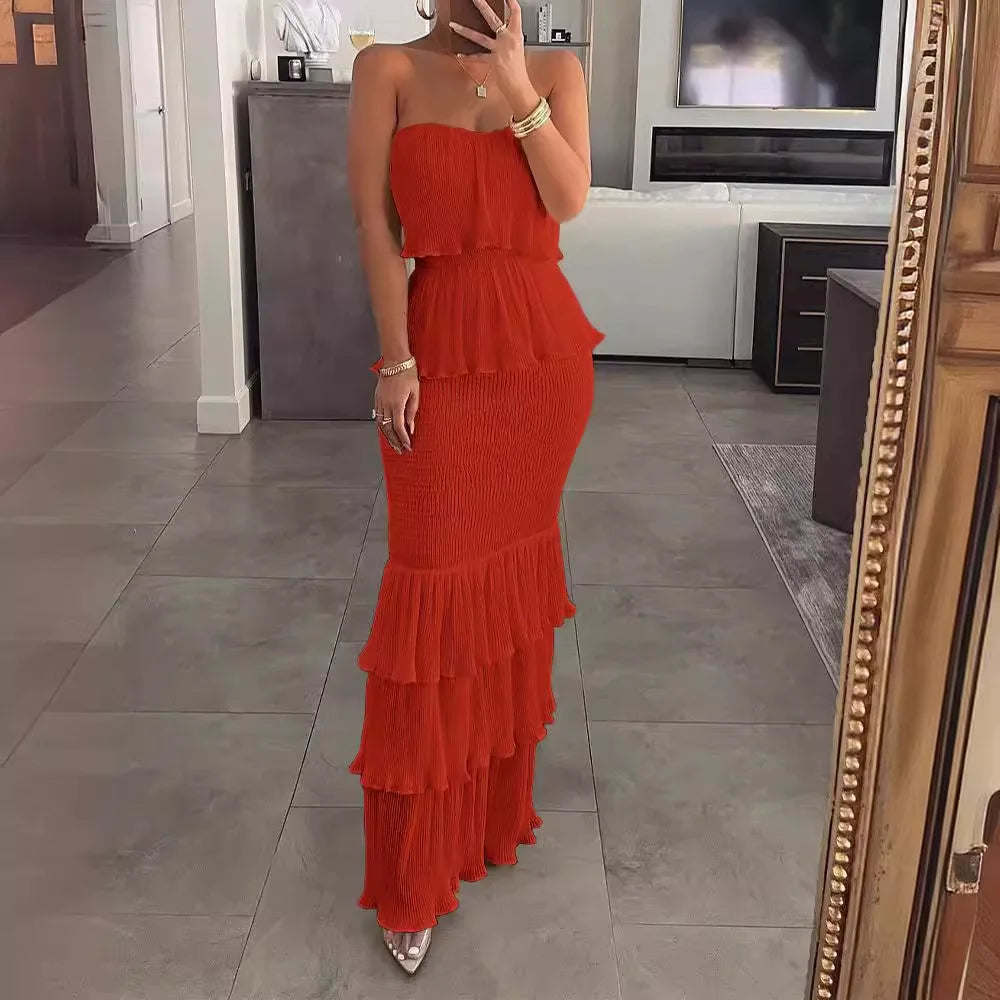 Strapless Off Shoulder Ruffle Hem Maxi Dress