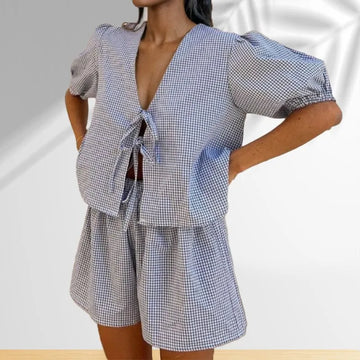 Summer Plaid Shorts Suit for Women - Casual 2 Piece Set