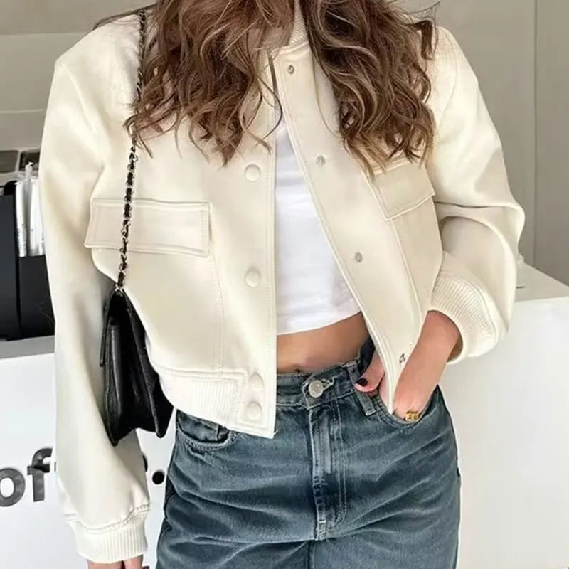 Elegant Solid Bomber Jacket for Women - Casual Chic Slim Fit