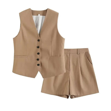 Retro Linen V Neck Vest Blazer & Wide Leg Shorts Set