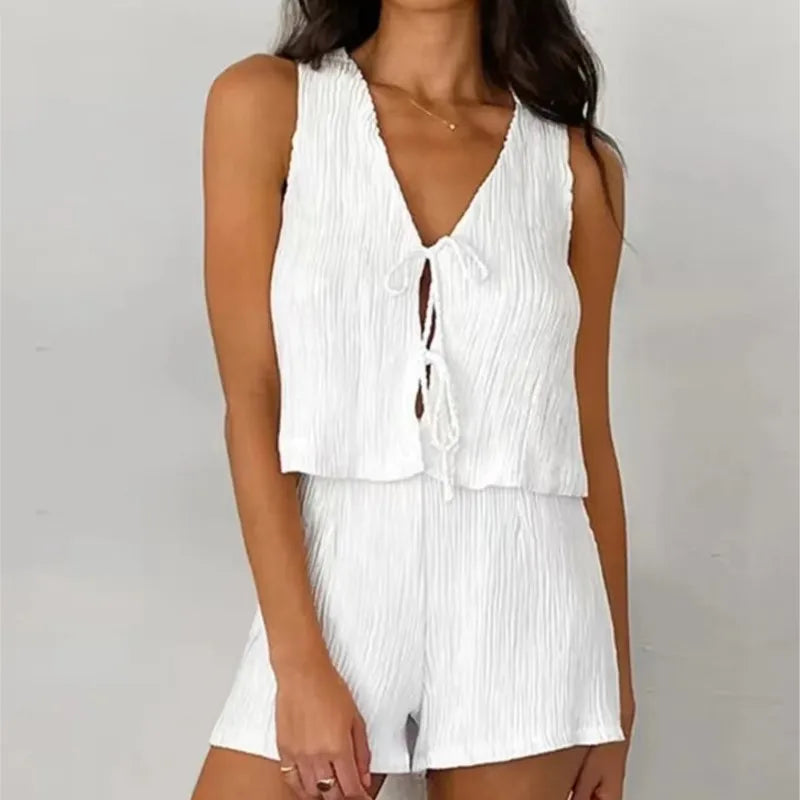 2024 Women’s White Pleated Vest and Shorts Set - Casual V Neck