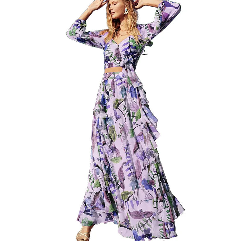 Women's 2 Piece Long Sleeve Skirt Set with V-Neck Crop Top