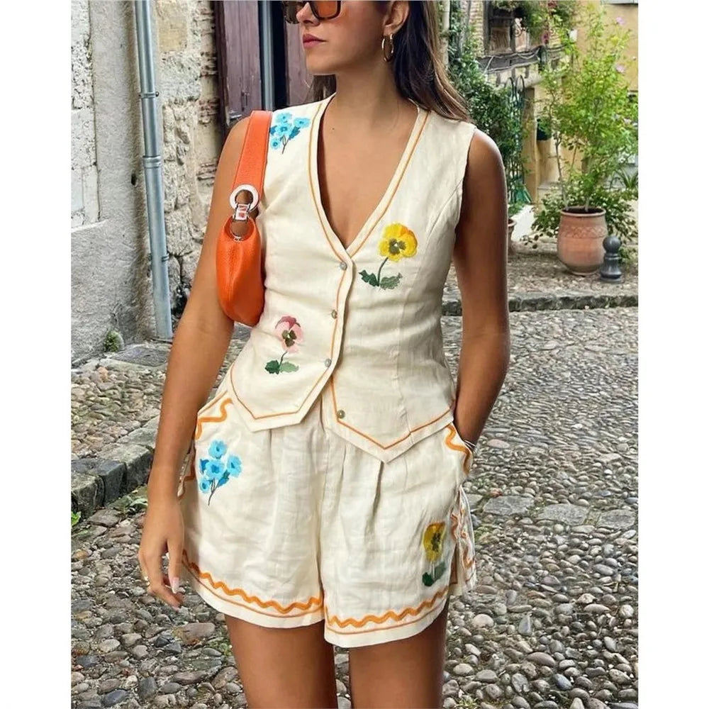 Floral Print 2-Piece Vest and Shorts Set for Women