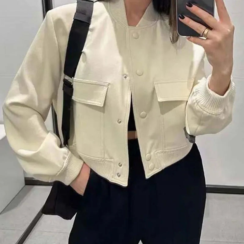 Elegant Solid Bomber Jacket for Women - Casual Chic Slim Fit