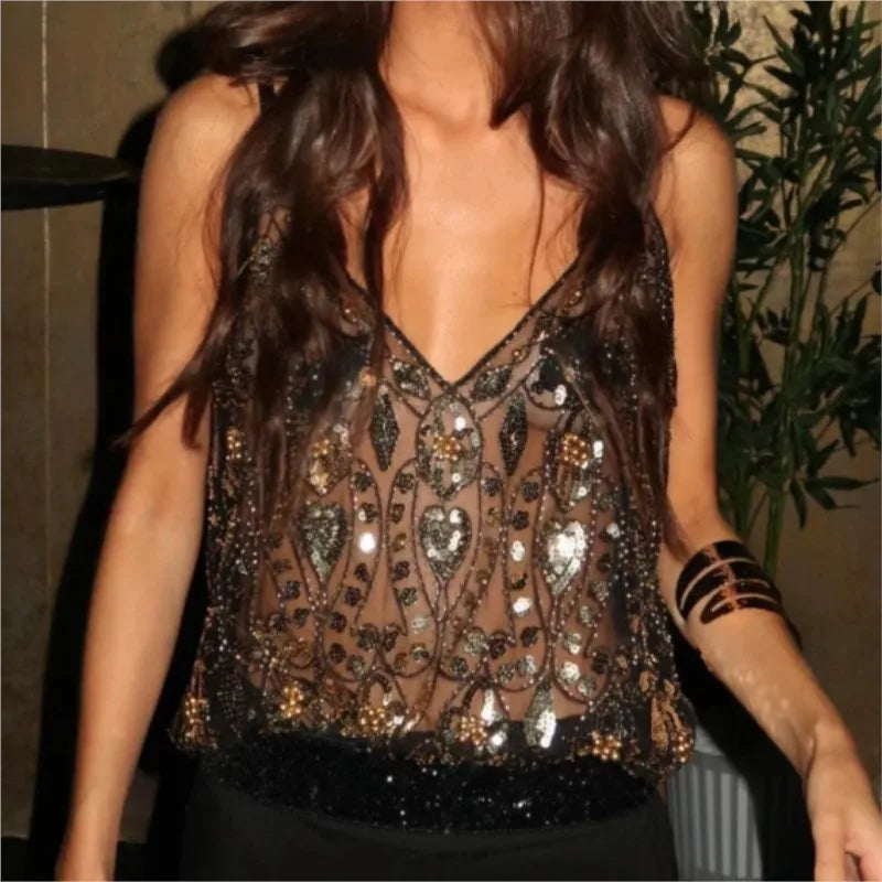 Stylish Sequined Bead Work Mesh Crop Top for Women