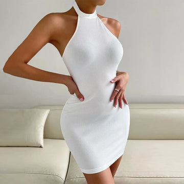 Sexy Backless Knitted Halter Neck Mini Dress for Women