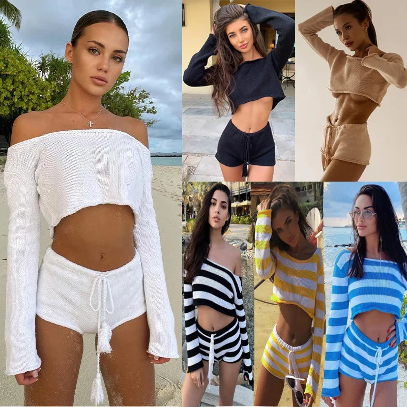 Knitted Stripe Crop Top and Shorts Set for Women