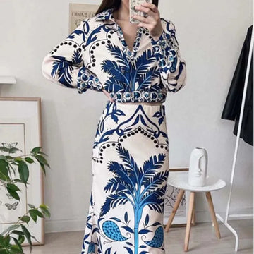 Elegant Vintage Women’s Long Sleeve V-Neck Skirt Set